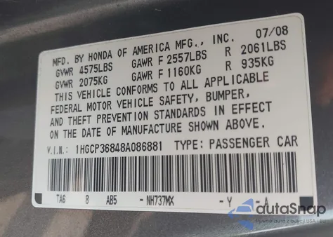 2008 Honda Accord 3.5 Ex-L from USA, damaged, VIN 1HGCP36848A086881